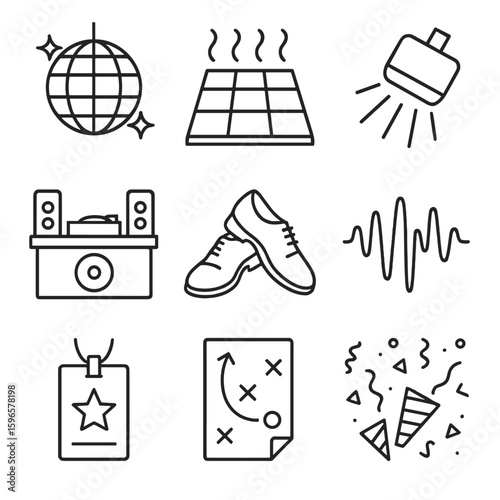 Dance Event Icons. Line style icons of dance events: disco ball, dance floor, DJ booth, strobe light, dance shoes, music wave,