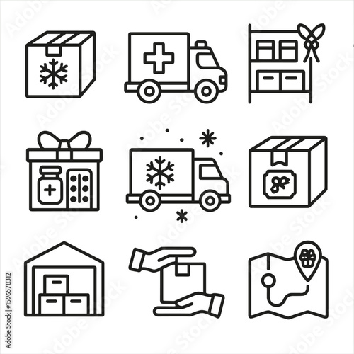 Holiday Hospital Logistics Icons. Line style icons of hospital holiday logistics: supply box with snowflake, delivery truck with