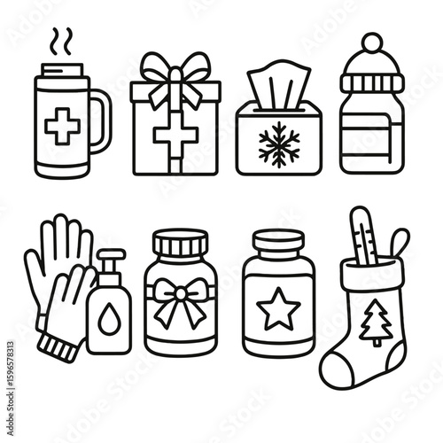 Festive Health Supplies. Line style icons of festive health supplies: thermos with hot drink and cross, box of meds with bow,
