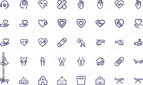 Medical service and care icons represent different body parts in outline style on white background
