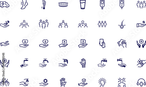 Line icons depicting diverse health, hygiene, and medical concepts are visually arranged for clear representation