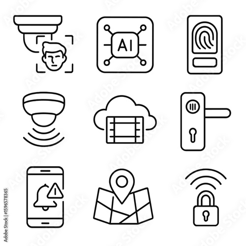 Smart Security Icons. Line style icons of advanced smart security systems: facial recognition camera, AI security hub, biometric