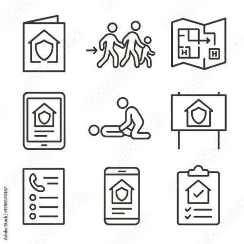 Home Safety Icons. Line style icons of home safety awareness and training: safety brochure icon, family emergency drill,