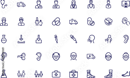 Line icons show medical personnel, ambulance, pharmacy and other health support on white background