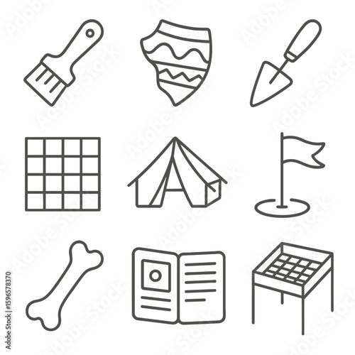 Archaeological Dig Icons. Line style icons of archaeological digs: excavation brush, ancient pottery shard, trowel tool, measuring