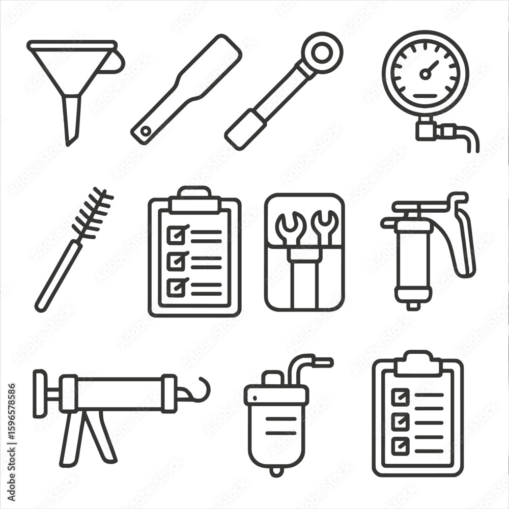 Obraz premium Compressor Maintenance Tools. Line style icons of compressor maintenance tools: oil funnel, gasket scraper, torque wrench,