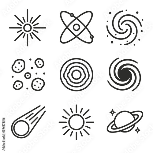 Cosmic Line Icons. Line style icons of abstract cosmic themes: exploding star, orbit pattern, galaxy spiral, asteroid field, space