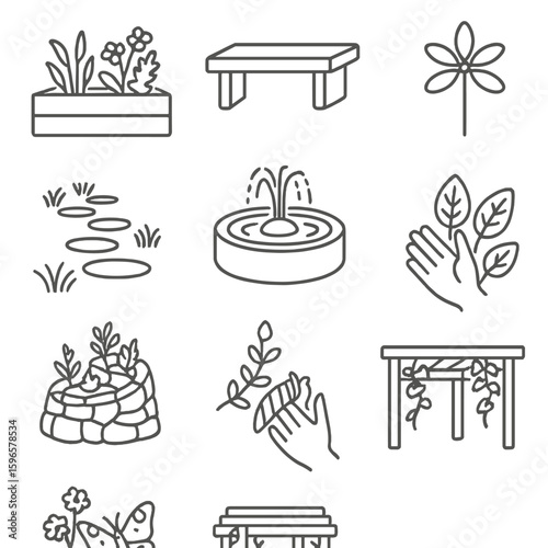 Therapeutic Garden Icons. Line style icons of therapeutic garden elements: sensory plant bed, meditation bench, water feature,