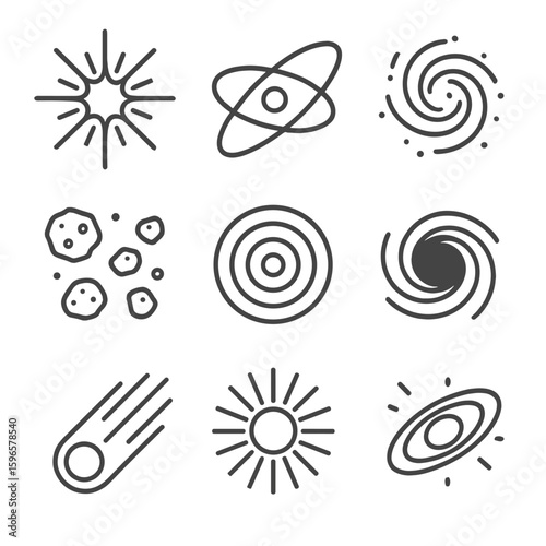 Cosmic Line Icons. Line style icons of abstract cosmic themes: exploding star, orbit pattern, galaxy spiral, asteroid field, space