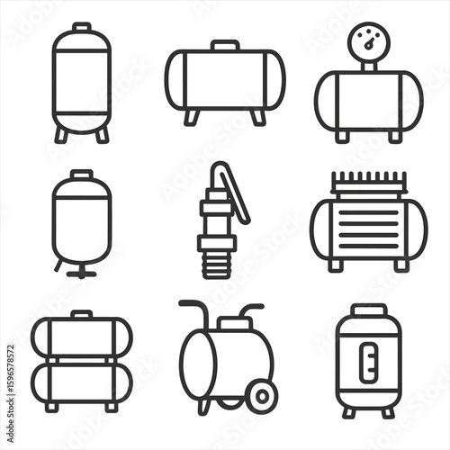 Air Compressor Icons. Line style icons of air compressor tank setups: vertical air tank, horizontal tank with legs, tank with