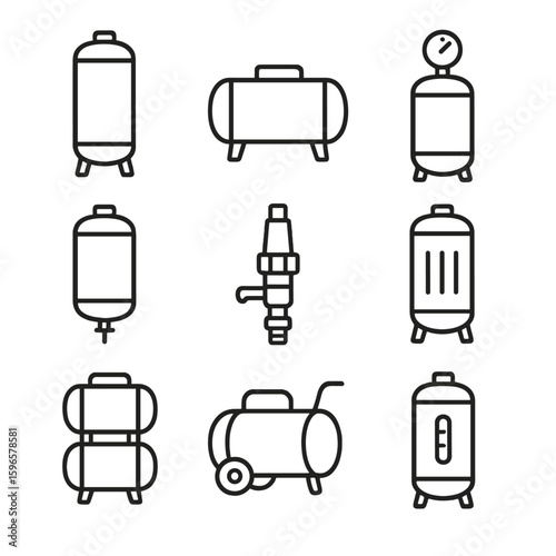 Air Compressor Icons. Line style icons of air compressor tank setups: vertical air tank, horizontal tank with legs, tank with