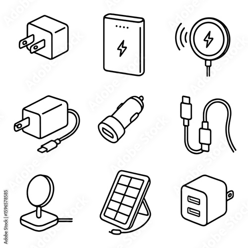 Electronic Charging Devices Icons. Line style icons of electronic charging devices: USB wall charger, power bank, wireless