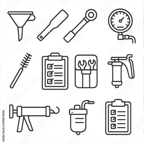Compressor Maintenance Tools. Line style icons of compressor maintenance tools: oil funnel, gasket scraper, torque wrench,