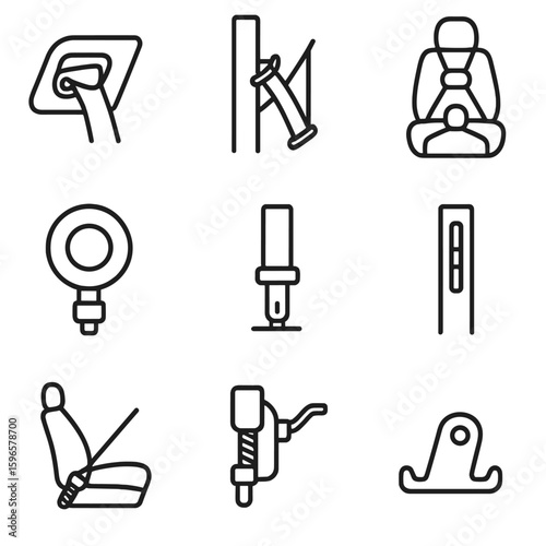 Seatbelt System Icons. Line style icons of seatbelt and restraint integration: seatbelt slot guide, integrated seatbelt in frame,