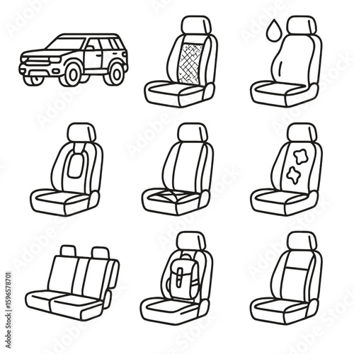 SUV Seat Icons. Line style icons of SUV and off-road seat features: rugged fabric seat, waterproof cover symbol, off-road harness