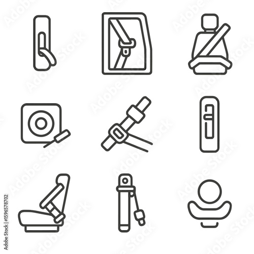 Seatbelt System Icons. Line style icons of seatbelt and restraint integration: seatbelt slot guide, integrated seatbelt in frame,