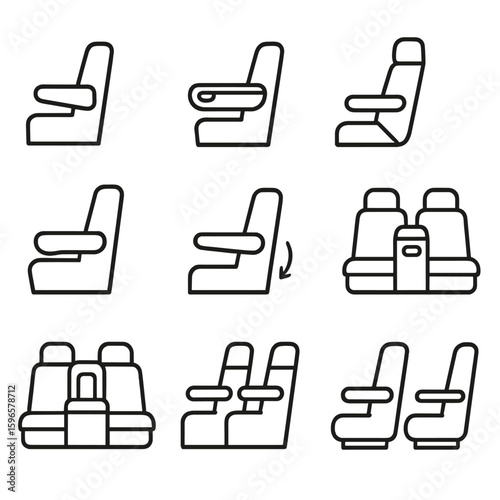 Armrest Icons Showcase. Line style icons of armrest and support features: fold-down armrest, armrest with cup holder, side-mounted