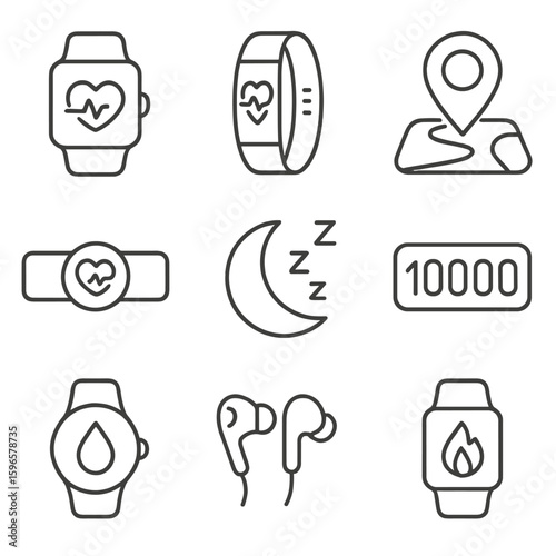 Fitness Device Line Icons. Line style icons of wearable fitness devices: smartwatch, fitness tracker band, heart rate monitor