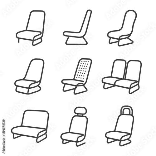 Minimalist Microcar Seat Icons. Line style icons of minimalist electric microcar seats: fixed cushion profile, slim backrest,