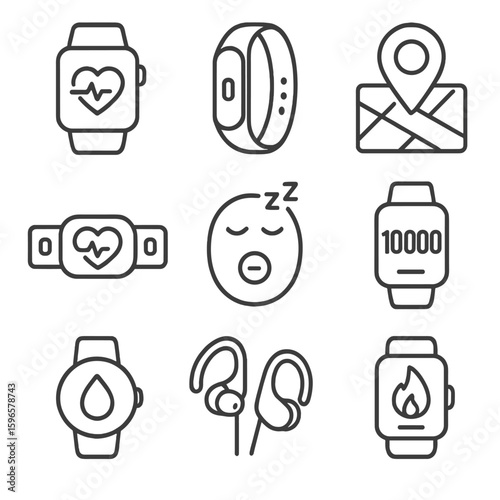 Fitness Device Line Icons. Line style icons of wearable fitness devices: smartwatch, fitness tracker band, heart rate monitor
