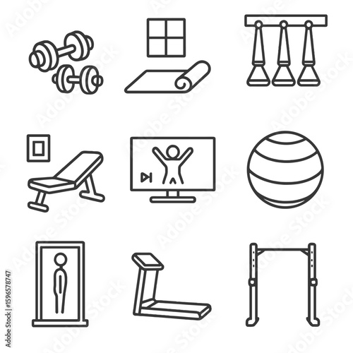 Home Fitness Icons. Line style icons of home fitness setup: dumbbells on floor, yoga mat in room, wall-mounted resistance bands,