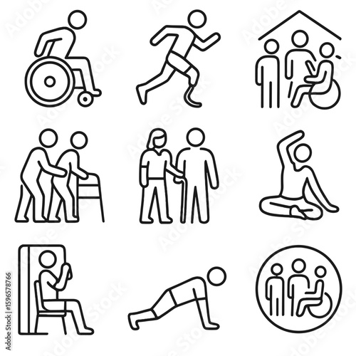 Adaptive Fitness Icons. Line style icons of adaptive fitness and inclusivity: wheelchair athlete, prosthetic leg running,