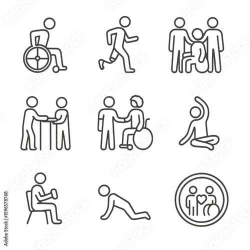Adaptive Fitness Icons. Line style icons of adaptive fitness and inclusivity: wheelchair athlete, prosthetic leg running,