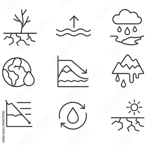 Climate Change Icons. Line style icons of climate change and water: drought zone icon, rising sea level arrow, shrinking lake