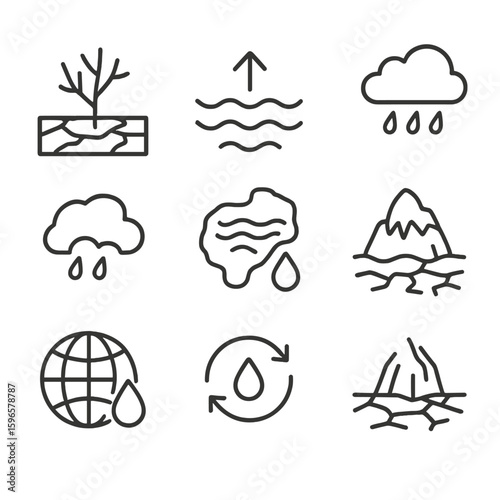 Climate Change Icons. Line style icons of climate change and water: drought zone icon, rising sea level arrow, shrinking lake