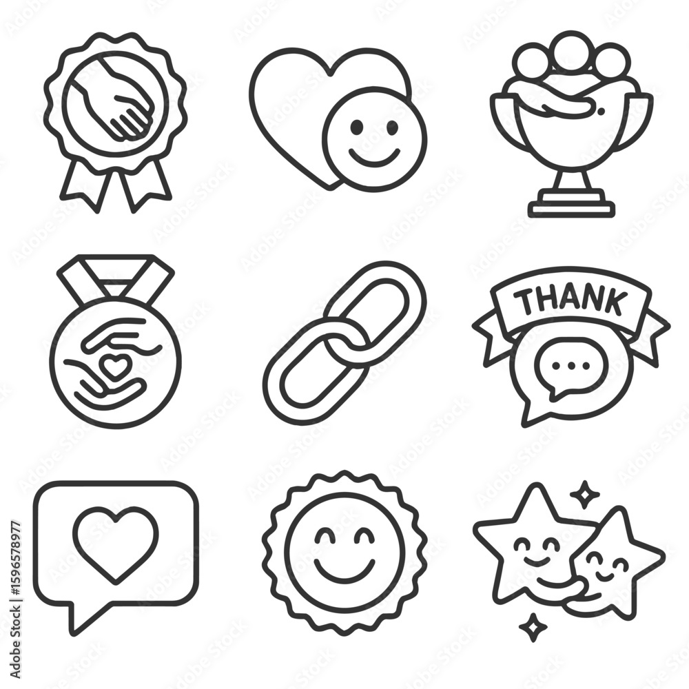 Fototapeta premium Kindness Awards Icons. Line style icons of kindness and friendship awards: helping hand badge, heart and smile combo, group hug