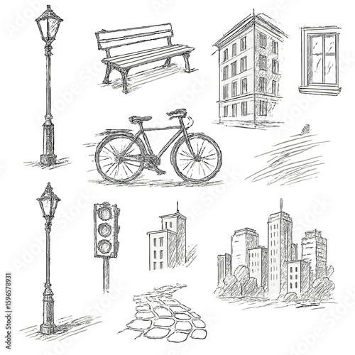 Urban Sketch Elements. Line style icons of urban sketching elements: streetlight outline, park bench sketch, building corner in