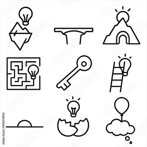 Line Style Metaphors. Line style icons of visual metaphor brainstorming: iceberg idea icon, bridge across gap, mountain and tunnel