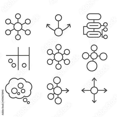 Strategic Diagram Icons. Line style icons of strategic brainstorming maps: spider diagram with nodes, arrows branching from core