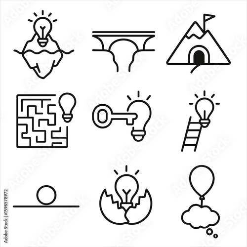 Line Style Metaphors. Line style icons of visual metaphor brainstorming: iceberg idea icon, bridge across gap, mountain and tunnel