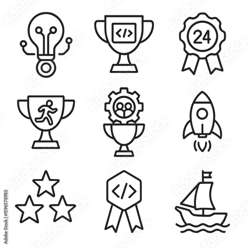 Hackathon Award Icons. Line style icons of innovation hackathon awards: lightbulb circuit medal, coding cup, 24hr challenge badge,