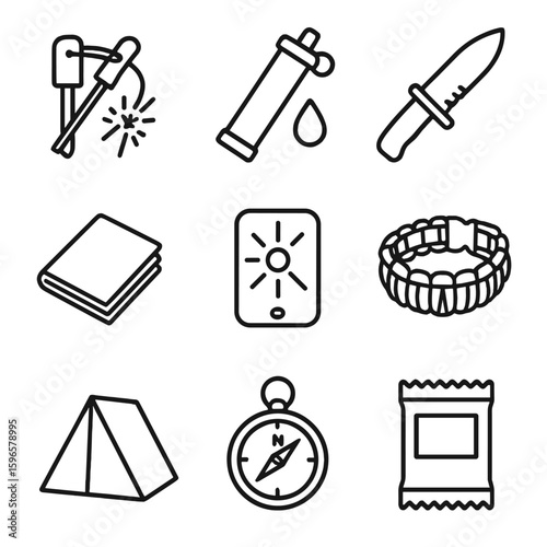 Survival Gear Icons. Line style icons of outdoor survival gear: flint and firestarter, water filter straw, survival knife,