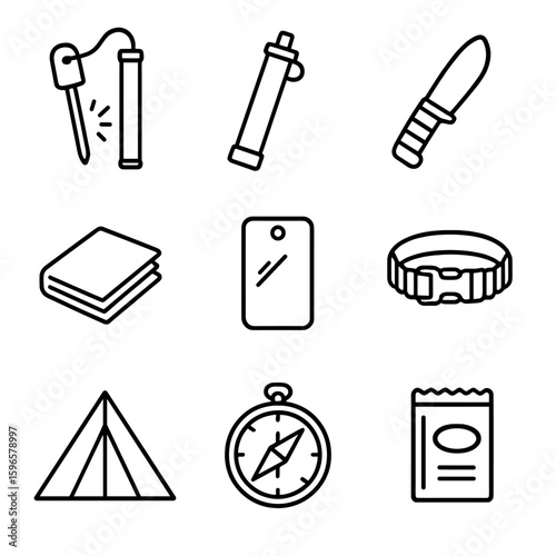 Survival Gear Icons. Line style icons of outdoor survival gear: flint and firestarter, water filter straw, survival knife,