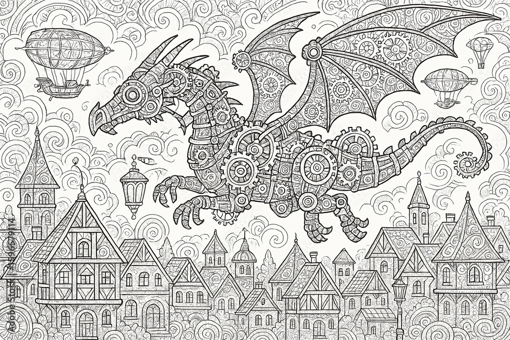 Naklejka premium Unleash your imagination with this fantasy scene of a mighty dragon soaring over a medieval village. Intricate line work and high detail make it perfect for adult fantasy fans and colorists