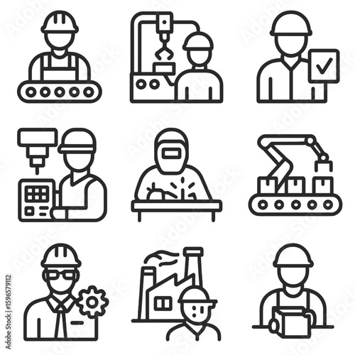 Industrial Job Icons. Line style icons of industrial and factory jobs: assembly line worker, machine operator, quality control
