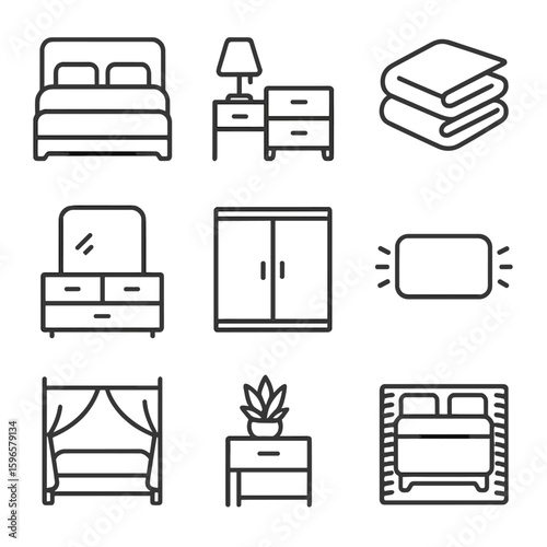 Bedroom Icon Set. Line style icons of bedroom comfort and design: bed with headboard, nightstand and lamp, cozy blanket layers,