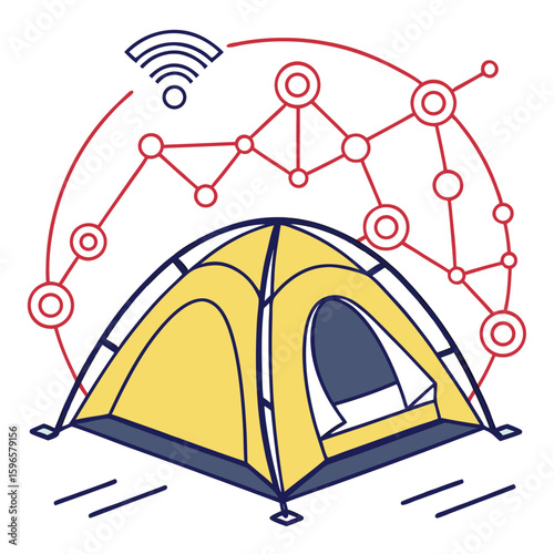 Illustration of a yellow camping tent with wifi signal and network connection in the background