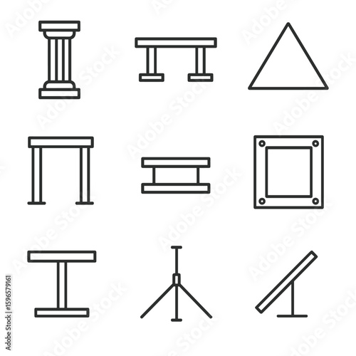 Support System Icons. Line style icons of foundational support systems: pillar on base, crossbeam icon, triangle bracing, two-post