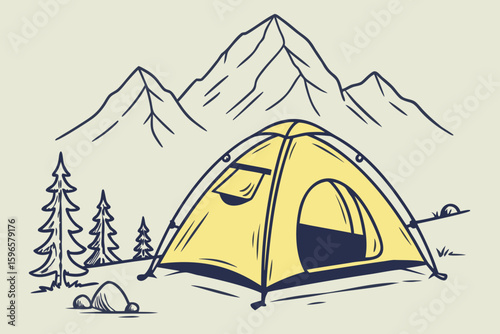Illustration of a yellow tent pitched outdoors with mountains and trees in the background scene view