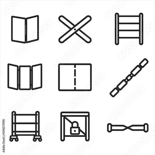 Collapsible Icon Collection. Line style icons of collapsible and foldable elements: hinge folding panel, scissor frame icon,