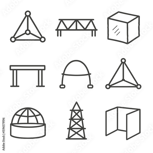 Classroom Model Icons. Line style icons of classroom model structures: toothpick triangle frame, spaghetti bridge model, cardboard