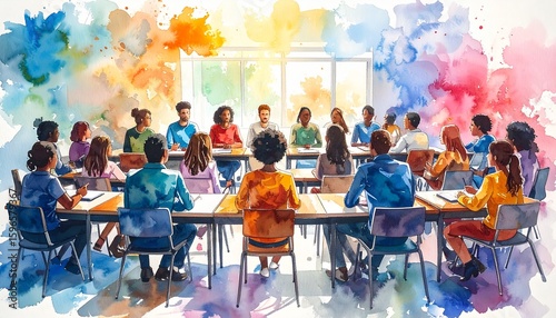 Intersectional Feminism Watercolor Style. Diverse group in a colorful meeting room discussing ideas.