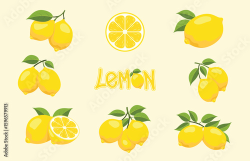 A collection of vibrant yellow lemon illustrations, featuring whole lemons, lemon halves, and lemons on branches with green leaves, arranged on a light yellow background.