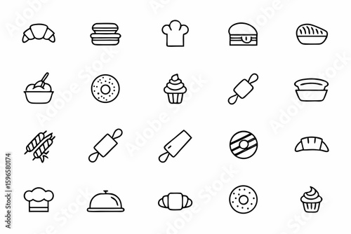 A warm and delightful set of bakery-themed outline icons, perfect for café branding, menu design, packaging, recipe books, and food delivery apps. Designed with clean strokes and a homely charm