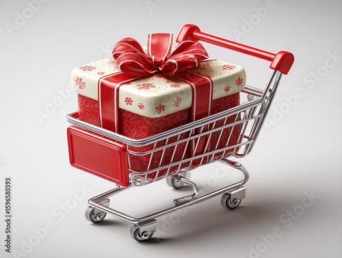 Holiday shopping delight festive gift in cart store setting product showcase cheerful atmosphere close-up view