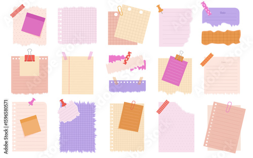 Cute note paper. Torn paper. Set of torn papers, stickers, sticky notes, memo messages, notepads. Sticky paper notes for planners, scrapbooking, journaling and creative designs.